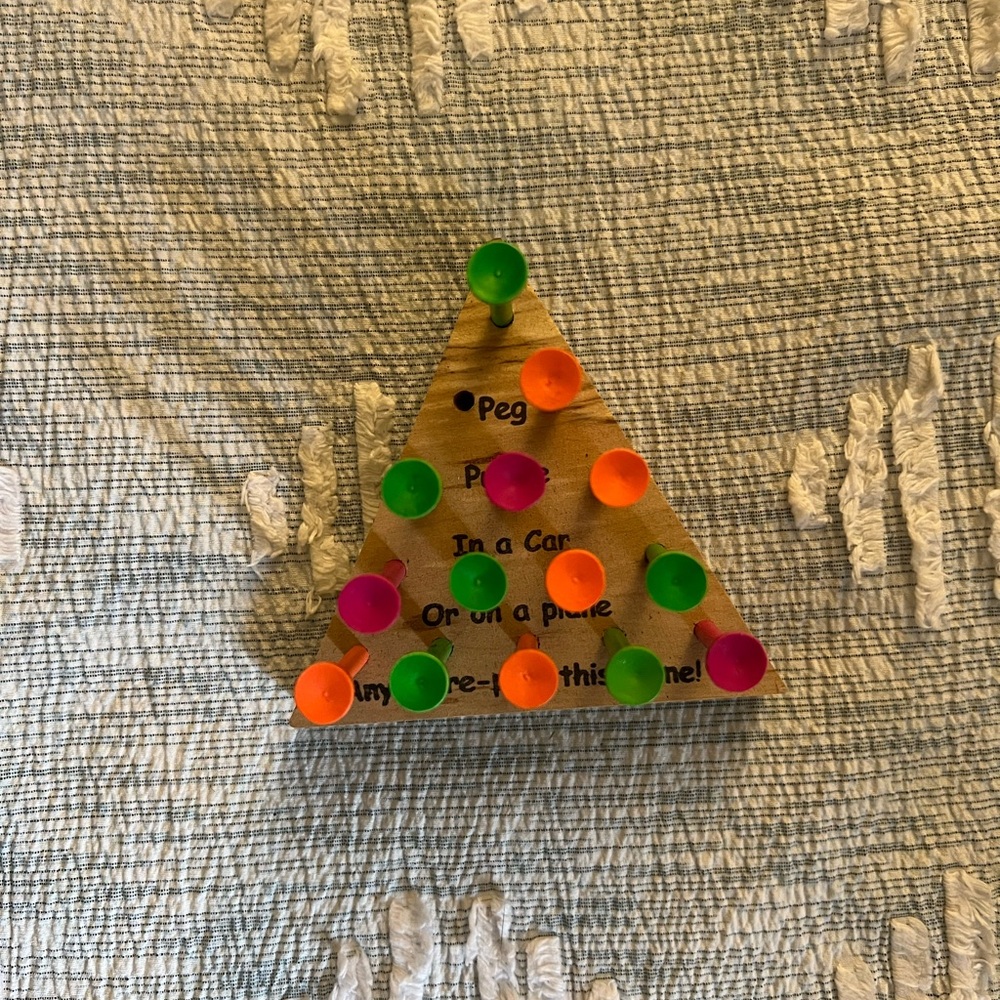 Wooden Triangle Peg Puzzle with Green, Orange and Pink Pegs